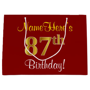 Elegant, Red, Faux Gold 87th Birthday; Custom Name Large Gift Bag