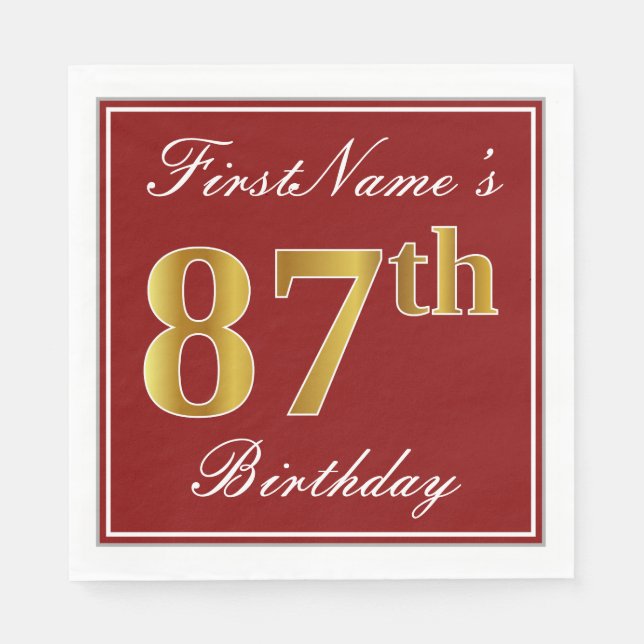 Elegant Red, Faux Gold 87th Birthday + Custom Name Napkins (Front)