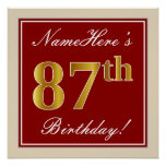 [ Thumbnail: Elegant, Red, Faux Gold 87th Birthday; Custom Name Poster ]