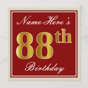 Elegant, Red, Faux Gold 88th Birthday; Custom Name Invitation