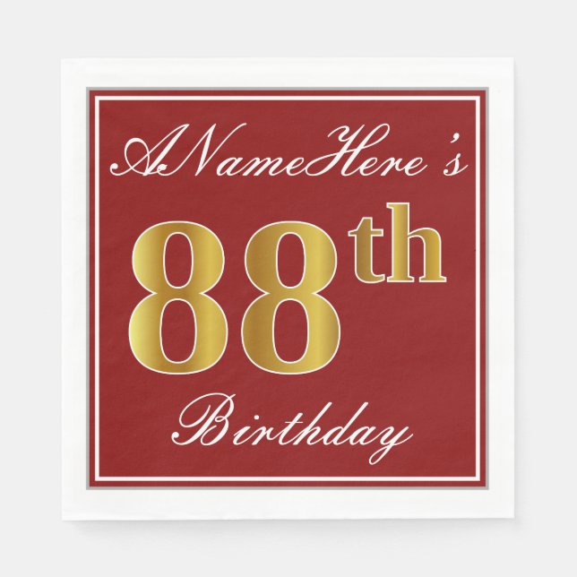 Elegant Red, Faux Gold 88th Birthday + Custom Name Paper Napkins (Front)