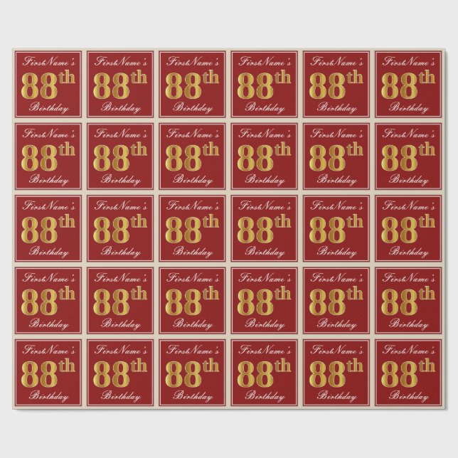 Elegant, Red, Faux Gold 88th Birthday; Custom Name Wrapping Paper (Flat)