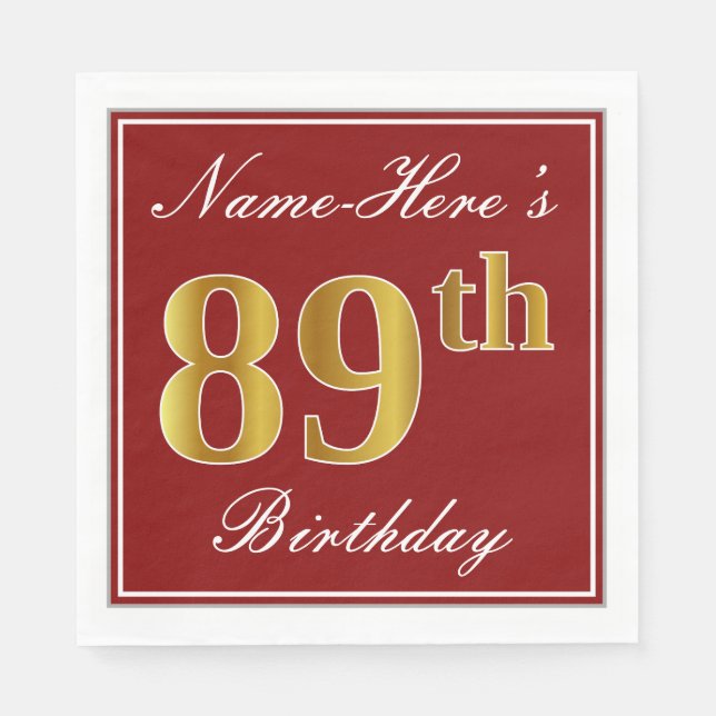 Elegant Red, Faux Gold 89th Birthday + Custom Name Paper Napkins (Front)