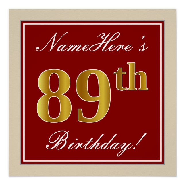 Elegant, Red, Faux Gold 89th Birthday; Custom Name Poster (Front)