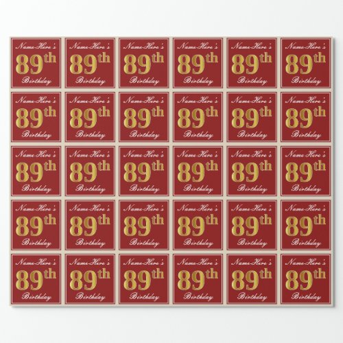 Elegant Red Faux Gold 89th Birthday Custom Name Wrapping Paper