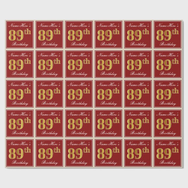 Elegant, Red, Faux Gold 89th Birthday; Custom Name Wrapping Paper (Flat)