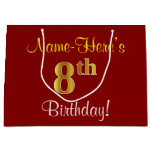 [ Thumbnail: Elegant, Red, Faux Gold 8th Birthday + Custom Name Gift Bag ]