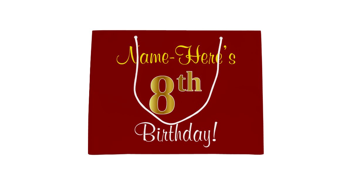Elegant, Red, Faux Gold 8th Birthday + Custom Name Large Gift Bag | Zazzle