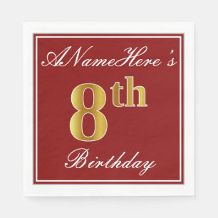 Elegant Red, Faux Gold 8th Birthday + Custom Name Napkins