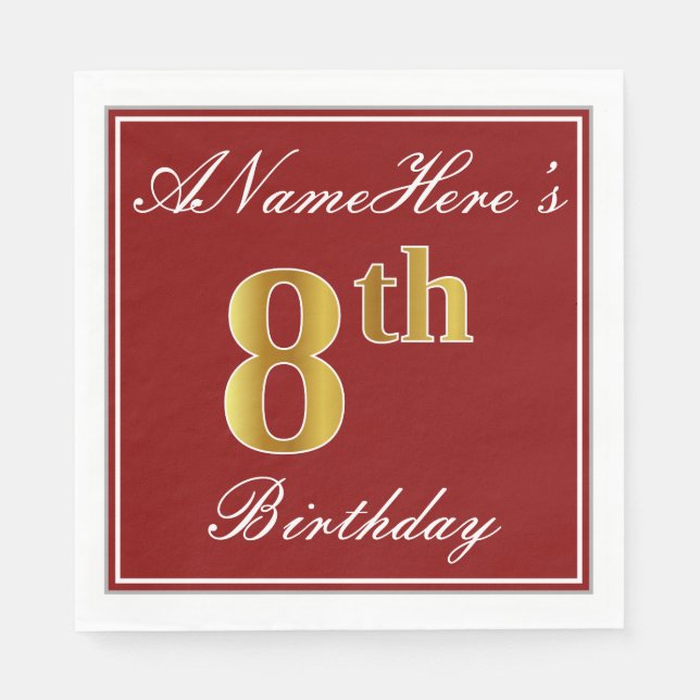 Elegant Red, Faux Gold 8th Birthday + Custom Name Napkins (Front)