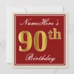 [ Thumbnail: Elegant, Red, Faux Gold 90th Birthday; Custom Name Invitation ]