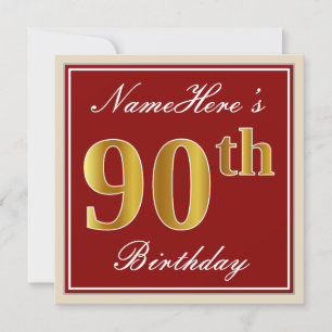 Elegant, Red, Faux Gold 90th Birthday; Custom Name Invitation