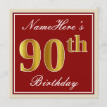 [ Thumbnail: Elegant, Red, Faux Gold 90th Birthday; Custom Name Invitation ]