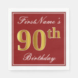 [ Thumbnail: Elegant Red, Faux Gold 90th Birthday + Custom Name Napkins ]