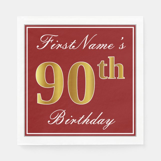 Elegant Red, Faux Gold 90th Birthday + Custom Name Napkins (Front)