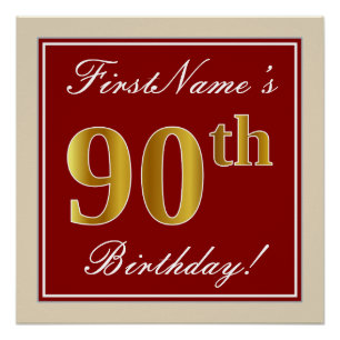 Elegant, Red, Faux Gold 90th Birthday; Custom Name Poster