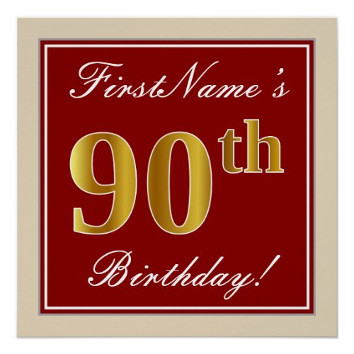 Elegant Red Faux Gold 90th Birthday Custom Name Poster