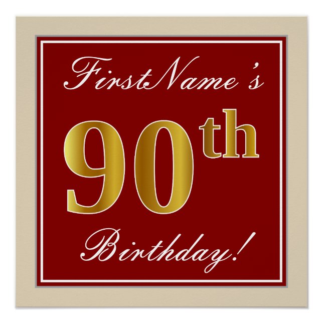 Elegant, Red, Faux Gold 90th Birthday; Custom Name Poster (Front)
