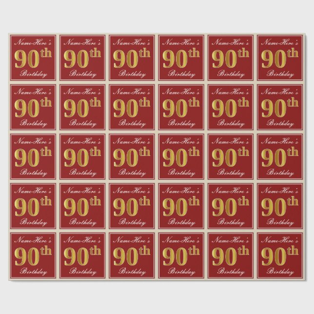 Elegant, Red, Faux Gold 90th Birthday; Custom Name Wrapping Paper (Flat)