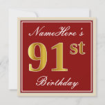 [ Thumbnail: Elegant, Red, Faux Gold 91st Birthday; Custom Name Invitation ]