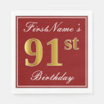 [ Thumbnail: Elegant Red, Faux Gold 91st Birthday + Custom Name Napkins ]