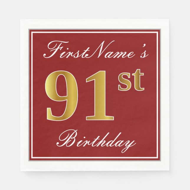 Elegant Red, Faux Gold 91st Birthday + Custom Name Paper Napkins (Front)