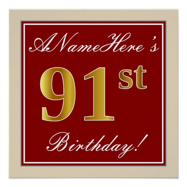 Elegant, Red, Faux Gold 91st Birthday; Custom Name Poster (Front)