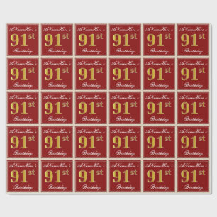 Elegant, Red, Faux Gold 91st Birthday; Custom Name Wrapping Paper