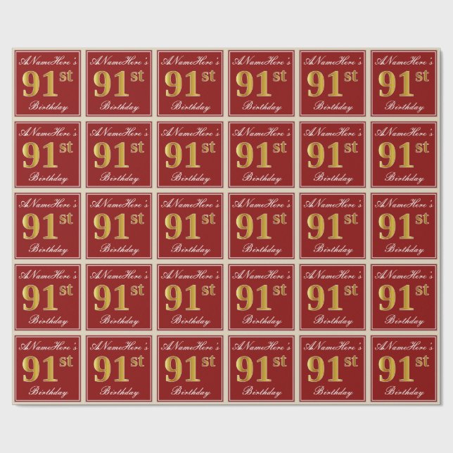Elegant, Red, Faux Gold 91st Birthday; Custom Name Wrapping Paper (Flat)