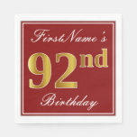 [ Thumbnail: Elegant Red, Faux Gold 92nd Birthday + Custom Name Napkins ]