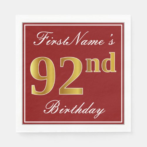 Elegant Red Faux Gold 92nd Birthday  Custom Name Napkins