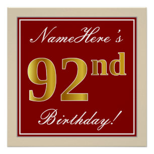 Elegant, Red, Faux Gold 92nd Birthday; Custom Name Poster
