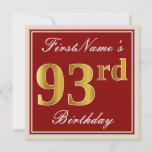 [ Thumbnail: Elegant, Red, Faux Gold 93rd Birthday; Custom Name Invitation ]