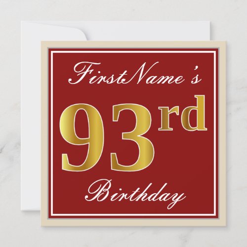 Elegant Red Faux Gold 93rd Birthday Custom Name Invitation