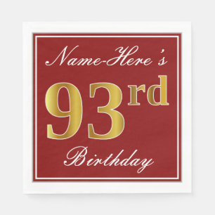 Elegant Red, Faux Gold 93rd Birthday + Custom Name Napkins