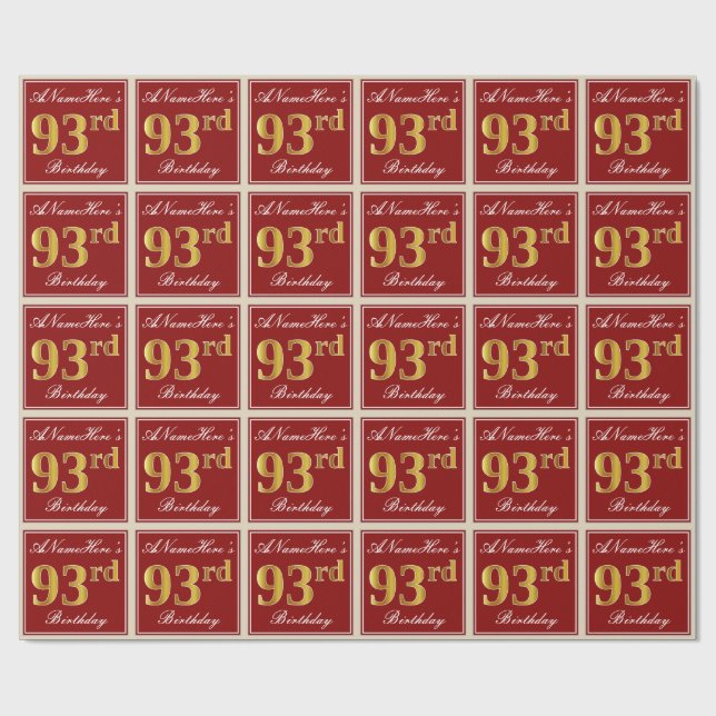 Elegant, Red, Faux Gold 93rd Birthday; Custom Name Wrapping Paper (Flat)