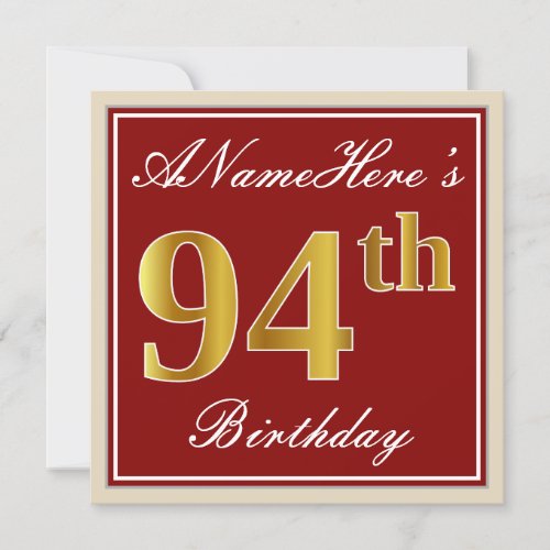 Elegant Red Faux Gold 94th Birthday Custom Name Invitation