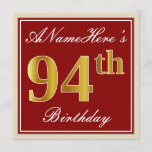 [ Thumbnail: Elegant, Red, Faux Gold 94th Birthday; Custom Name Invitation ]