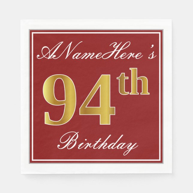 Elegant Red, Faux Gold 94th Birthday + Custom Name Paper Napkins (Front)