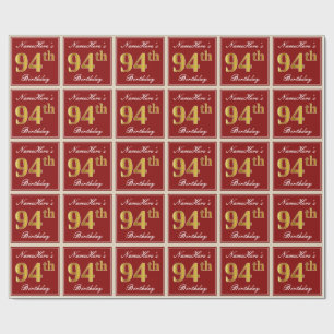 Elegant, Red, Faux Gold 94th Birthday; Custom Name Wrapping Paper