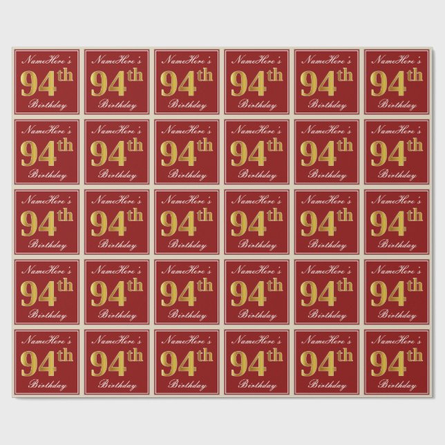 Elegant, Red, Faux Gold 94th Birthday; Custom Name Wrapping Paper (Flat)