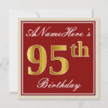 [ Thumbnail: Elegant, Red, Faux Gold 95th Birthday; Custom Name Invitation ]