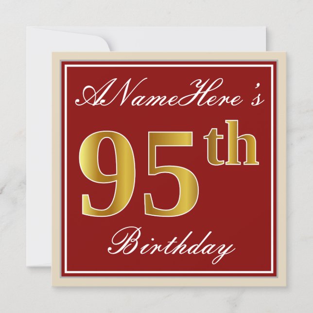 Elegant, Red, Faux Gold 95th Birthday; Custom Name Invitation (Front)