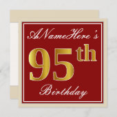 Elegant, Red, Faux Gold 95th Birthday; Custom Name Invitation (Front/Back)