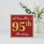 Elegant, Red, Faux Gold 95th Birthday; Custom Name Invitation (Standing Front)