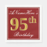 [ Thumbnail: Elegant Red, Faux Gold 95th Birthday + Custom Name Napkins ]