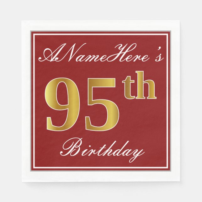 Elegant Red, Faux Gold 95th Birthday + Custom Name Napkins (Front)