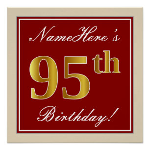 Elegant, Red, Faux Gold 95th Birthday; Custom Name Poster