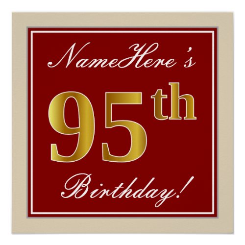 Elegant Red Faux Gold 95th Birthday Custom Name Poster