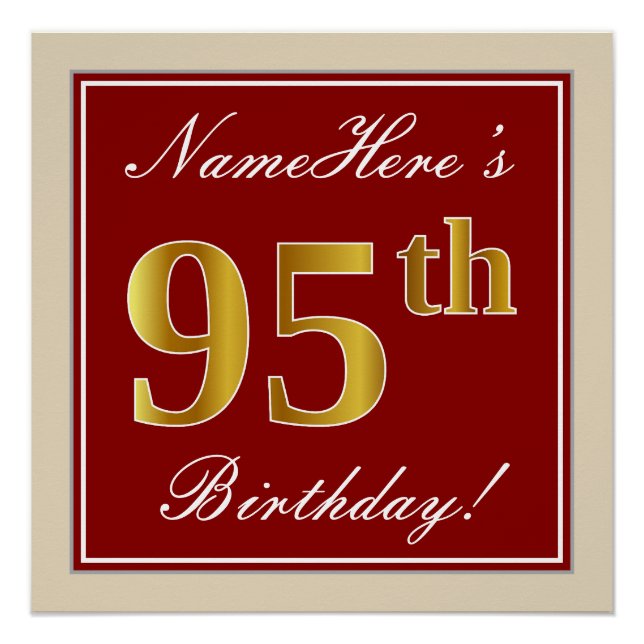 Elegant, Red, Faux Gold 95th Birthday; Custom Name Poster (Front)